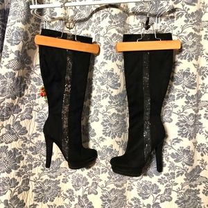 Free ship JLO Tall Malina Black Sequin Platform Heel Boots , size 6